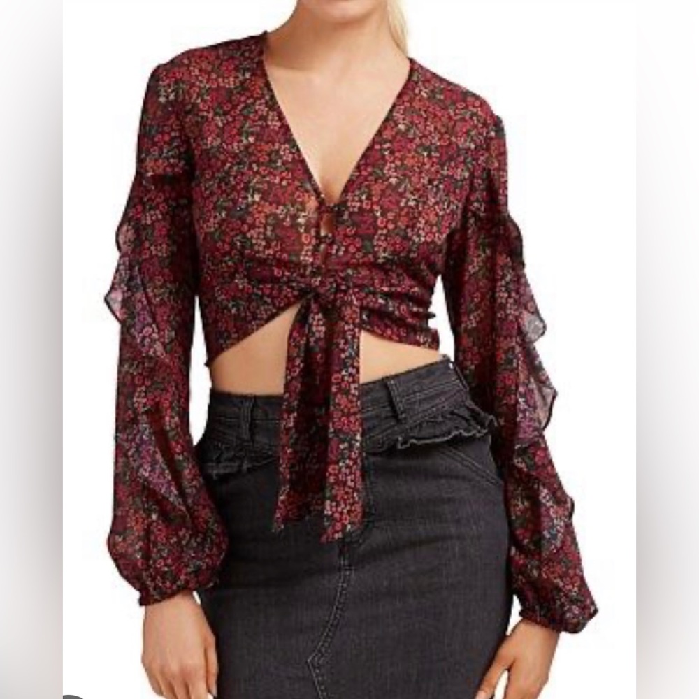 The Fifth Label Sheer Floral Tie Front Crop Top. Size L.